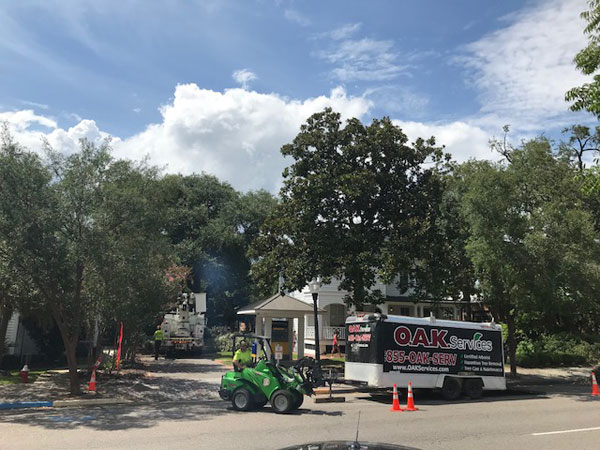 OAK Services wheel loader and branded truck positioned at job site with safety cones and portable equipment for tree removal operations.